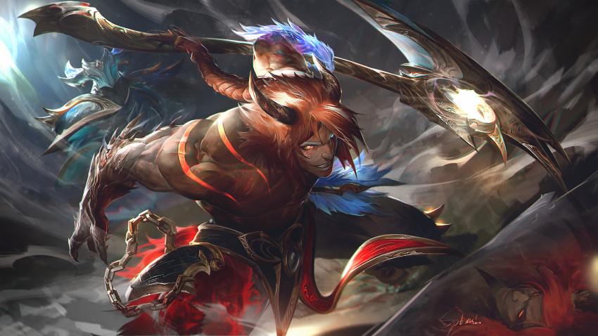 2boys absurdres armor artist_name bangs braid chain different_reflection glowing glowing_eyes grin helm helmet heterochromia highres holding holding_scythe holding_weapon horns kayn_(league_of_legends) league_of_legends leaning_forward long_hair male_focus multicolored_hair multiple_boys nightbringer_kayn red_eyes redhead reflection scythe single_braid smile solo_focus teeth topless_male two-tone_hair weapon white_hair wutu_(1183238220)