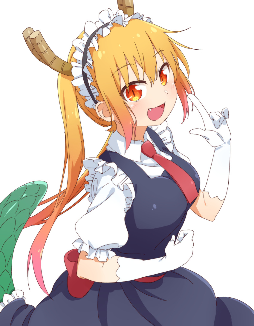 1girl absurdres blonde_hair blue_dress breasts collared_shirt dragon_girl dragon_tail dress elbow_gloves fang frilled_dress frills gloves gradient_hair highres horns index_finger_raised kobayashi-san_chi_no_maidragon large_breasts long_dress long_hair looking_at_viewer maid_headdress multicolored_hair necktie one_eye_closed pinafore_dress red_eyes red_necktie redhead shirt short_sleeves simple_background sleeveless sleeveless_dress solo tail tohru_(maidragon) twintails very_long_hair white_background white_gloves white_shirt wing_collar yaaben