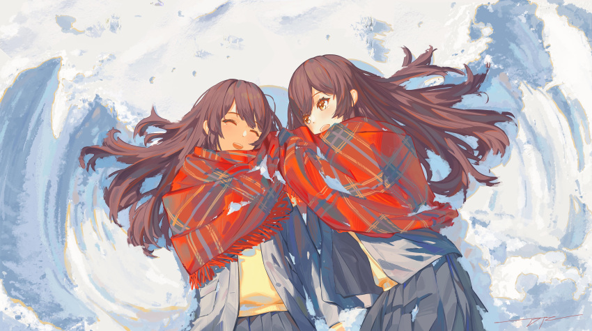 2girls absurdres beige_sweater blue_neckwear brown_eyes brown_hair collared_shirt eyebrows_visible_through_hair from_above gradient gradient_background grey_jacket hair_between_eyes hands_clasped highres idolmaster idolmaster_shiny_colors jacket long_hair looking_at_viewer multiple_girls oosaki_amana oosaki_tenka open_mouth own_hands_together plaid plaid_skirt pleated_skirt school_uniform shirt siblings sidelocks skirt standing straight_hair striped striped_neckwear tengcy1 twins white_shirt