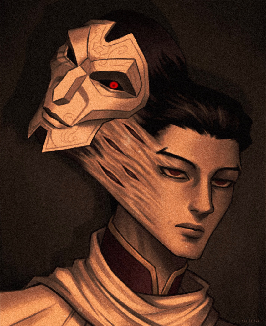1boy artist_name bangs black_hair brown_background closed_mouth highres jhin konstatin_(konstatinart) league_of_legends looking_at_viewer male_focus mask portrait red_eyes shiny shiny_skin short_hair solo surreal