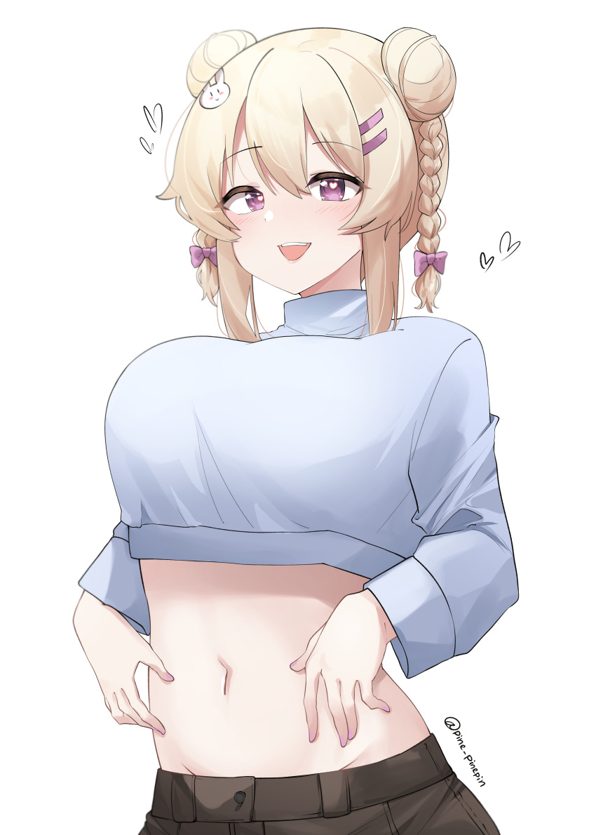 1girl :d absurdres bangs blonde_hair blue_sweater bow braid breasts commentary crop_top double_bun eyebrows_visible_through_hair hair_between_eyes hair_bow highres large_breasts long_sleeves looking_at_viewer midriff navel original pinnn purple_bow rara_(pinnn) simple_background smile solo stomach sweater turtleneck turtleneck_sweater twin_braids twintails violet_eyes white_background