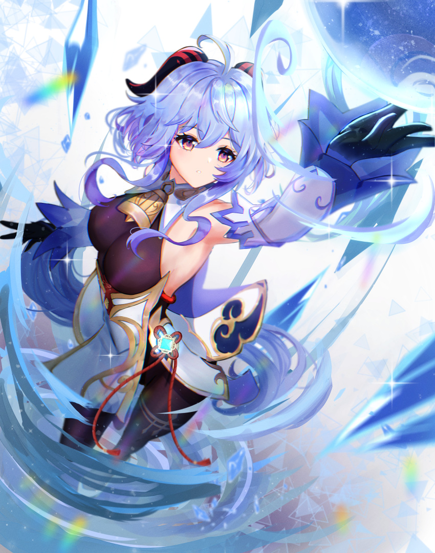absurdres ahoge armpits bangs bell black_gloves black_legwear blue_hair breasts chinese_knot detached_sleeves eyebrows_visible_through_hair flower_knot ganyu_(genshin_impact) gao_kawa genshin_impact gloves gold_trim highres horns ice_shard long_hair looking_at_another magic medium_breasts neck_bell orb parted_lips red_rope rope sidelocks solo standing tassel thighlet very_long_hair violet_eyes vision_(genshin_impact) white_sleeves wind