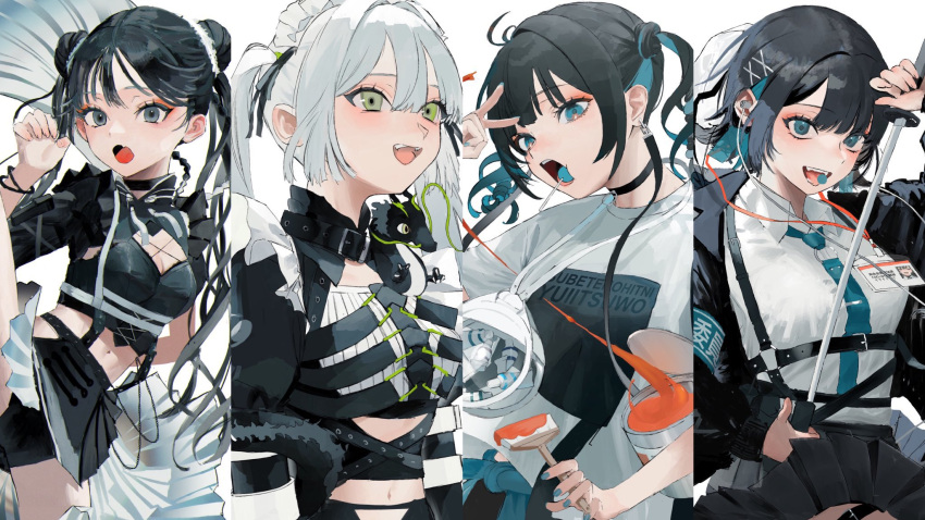 4girls aoishi_pachira black_hair candy close-up commentary_request food green_eyes highres holding katana lollipop long_hair looking_at_viewer midriff_peek multiple_girls open_mouth original short_hair short_hair_with_long_locks sword weapon white_background white_hair