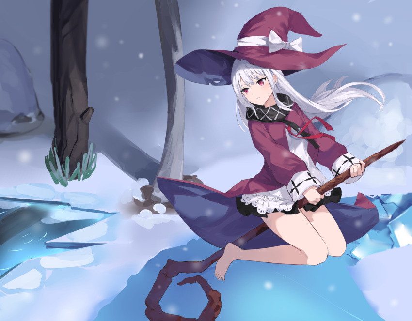1girl absurdres barefoot celite dress floating_hair hat highres holding long_hair long_sleeves looking_away parted_lips purple_dress purple_headwear red_eyes revived_witch solo staff staff_riding thighs white_hair witch witch_hat
