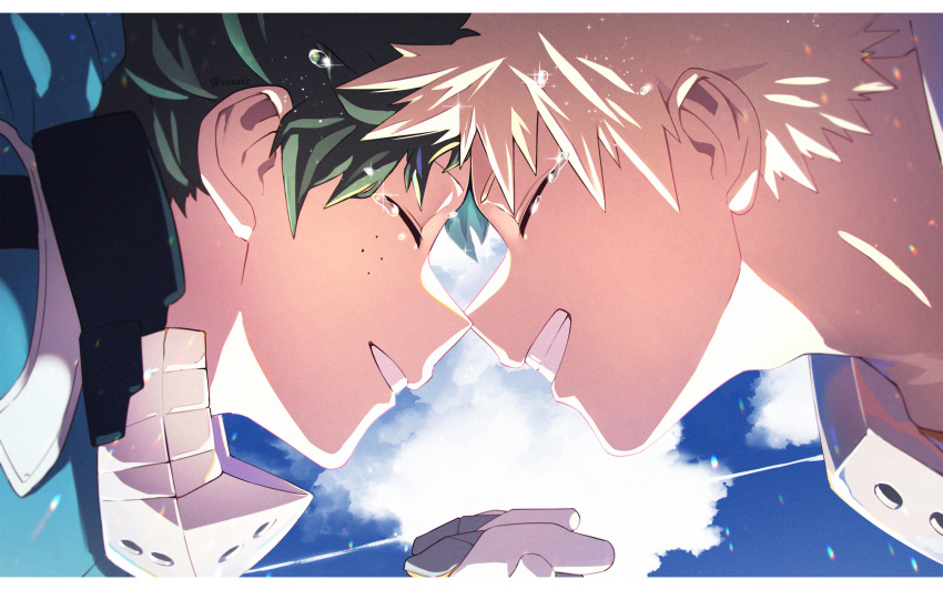 2boys adam's_apple bakugou_katsuki bangs blonde_hair blue_sky boku_no_hero_academia border close-up closed_eyes collar costume day face face-to-face forehead-to-forehead freckles gloves green_hair green_jumpsuit grin heads_together highres holding_hands hood hood_down implied_yaoi jumpsuit letterboxed male_focus mask mask_around_neck mask_removed midoriya_izuku mouth_mask multiple_boys neck_brace outdoors short_hair sky smile spiky_hair tears water_drop white_border yazakc