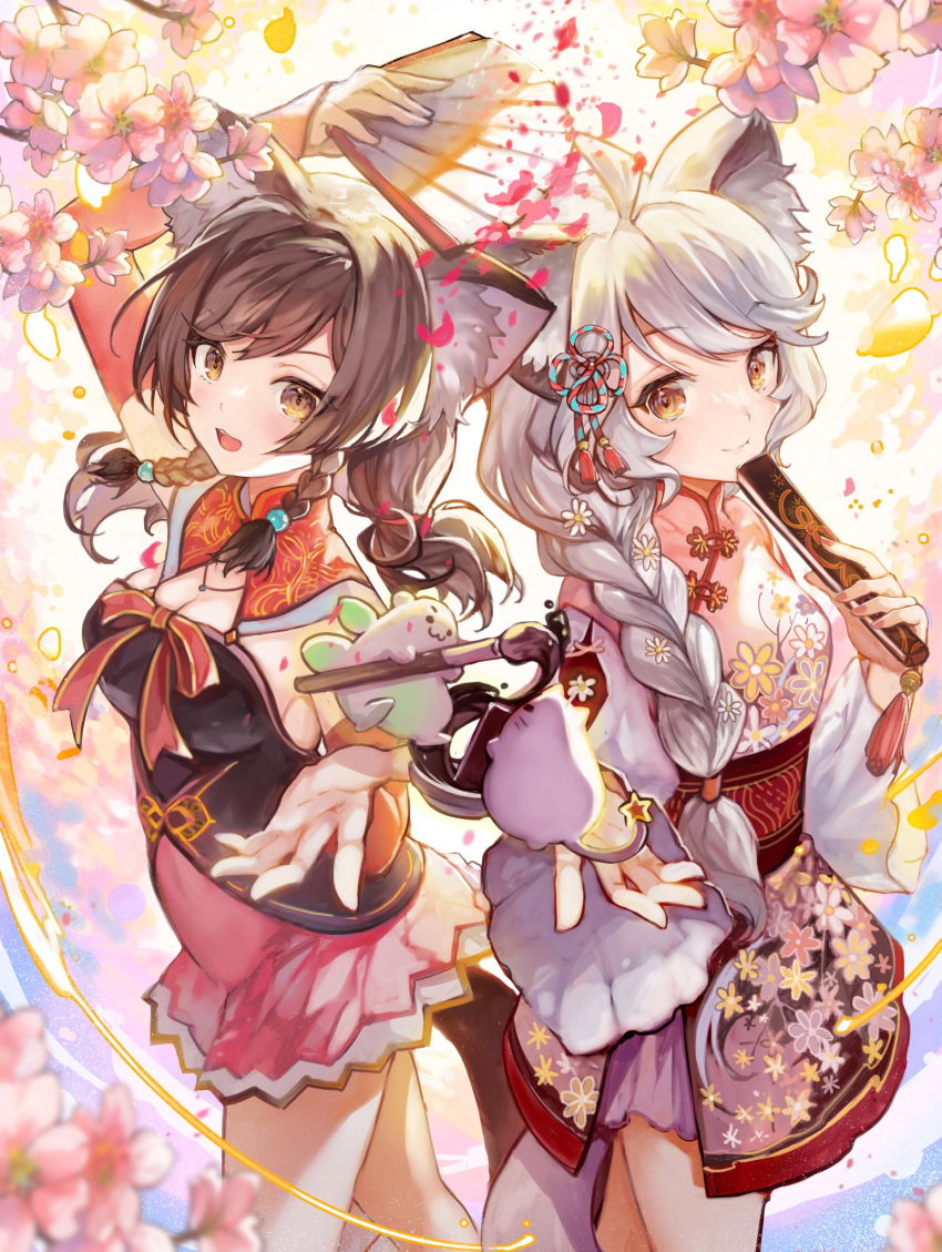 2girls animal_ears blush braid breasts brown_eyes brown_hair cherry_blossoms chinese_clothes cloud_horizon highres large_breasts lily_linglan long_hair looking_at_viewer margaret_(vtuber) mole mole_under_eye multiple_girls sibyl tail virtual_youtuber white_hair wolf_ears wolf_girl wolf_tail yellow_eyes