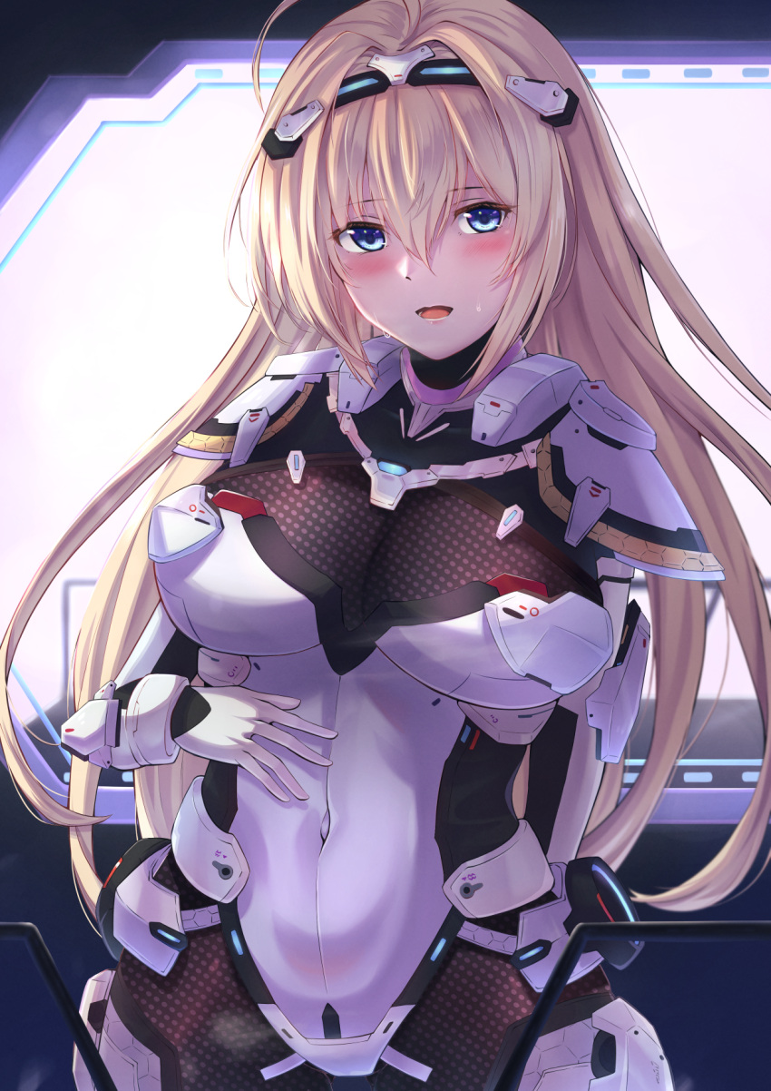 1girl arm_behind_back bangs blonde_hair blue_eyes blush bodysuit breasts covered_navel eyebrows_visible_through_hair feet_out_of_frame girls_frontline gloves hair_ornament hairband hairclip hand_on_own_stomach hanyang_type_88_(girls'_frontline) hanyang_type_88_(white_comet_bearing_your_wishes)_(girls'_frontline) highres large_breasts lips long_hair looking_at_viewer lower_teeth official_alternate_costume open_mouth parted_lips simple_background solo standing sweat teeth white_bodysuit white_gloves xlscaler