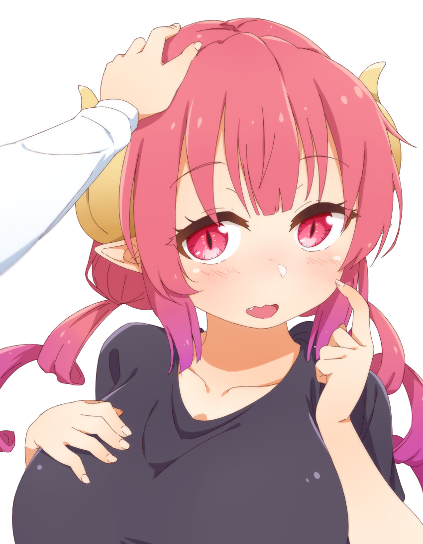 2girls absurdres black_shirt breasts collarbone dragon_girl dragon_horns embarrassed eyebrows_visible_through_hair fang finger_to_cheek gradient_hair hand_on_another's_head hand_on_own_chest headpat highres horns huge_breasts ilulu_(maidragon) index_finger_raised kobayashi-san_chi_no_maidragon kobayashi_(maidragon) light_blush long_hair looking_at_viewer multicolored_hair multiple_girls open_mouth pink_hair pointy_ears red_eyes redhead shirt simple_background twintails upper_body white_background yaaben