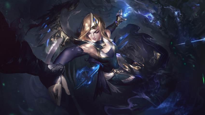 1girl 1other absurdres alternate_costume bangs bare_shoulders black_dress blonde_hair breasts character_request check_character closed_eyes creature detached_sleeves dress fingerless_gloves gloves hair_ornament highres holding_another's_wrist isolde_(league_of_legends) jewelry large_breasts league_of_legends long_hair magic ring shiny shiny_hair weapon wings wutu_(1183238220)