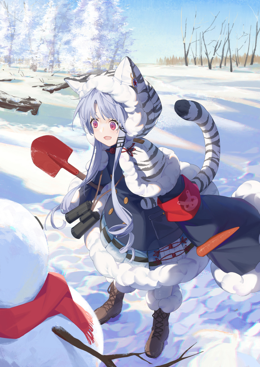 1girl absurdres ame_(2453323719) animal_hood azur_lane blue_coat blue_dress boots capelet chang_chun_(azur_lane) coat dress from_side fur-trimmed_boots fur-trimmed_dress fur-trimmed_hood fur_trim highres hood hooded_capelet loli outdoors red_scarf scarf shovel snow snowman solo tiger_hood violet_eyes