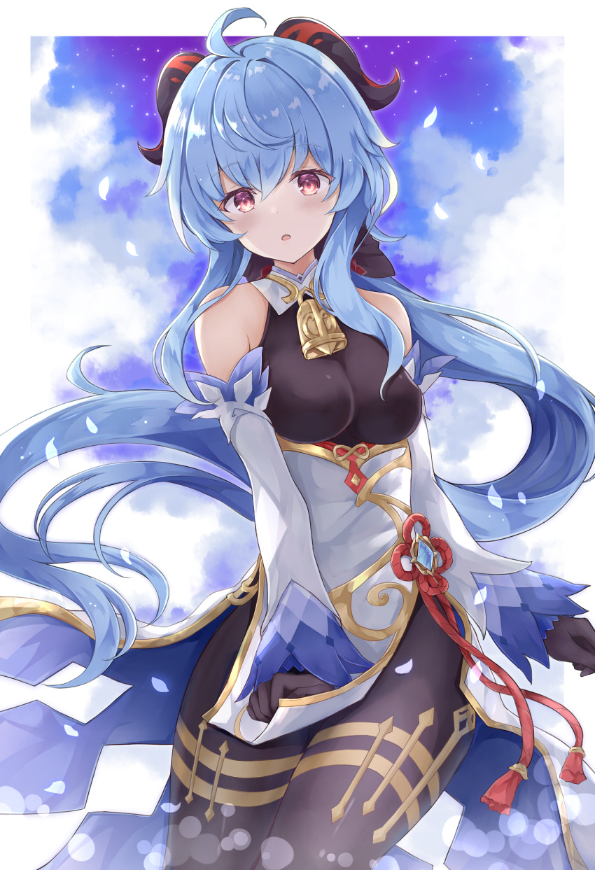 :o ahoge bangs bare_shoulders bell black_gloves black_legwear blue_hair blue_sky blush bow breasts chinese_knot clouds covering covering_crotch detached_sleeves eyebrows_visible_through_hair flower_knot ganyu_(genshin_impact) genshin_impact gloves gold_trim highres horns long_hair looking_at_viewer low_ponytail medium_breasts neck_bell open_mouth petals red_rope rope sidelocks sky solo standing star_(sky) starry_sky tassel thighlet user_pwth2328 violet_eyes vision_(genshin_impact) waist_cape white_sleeves