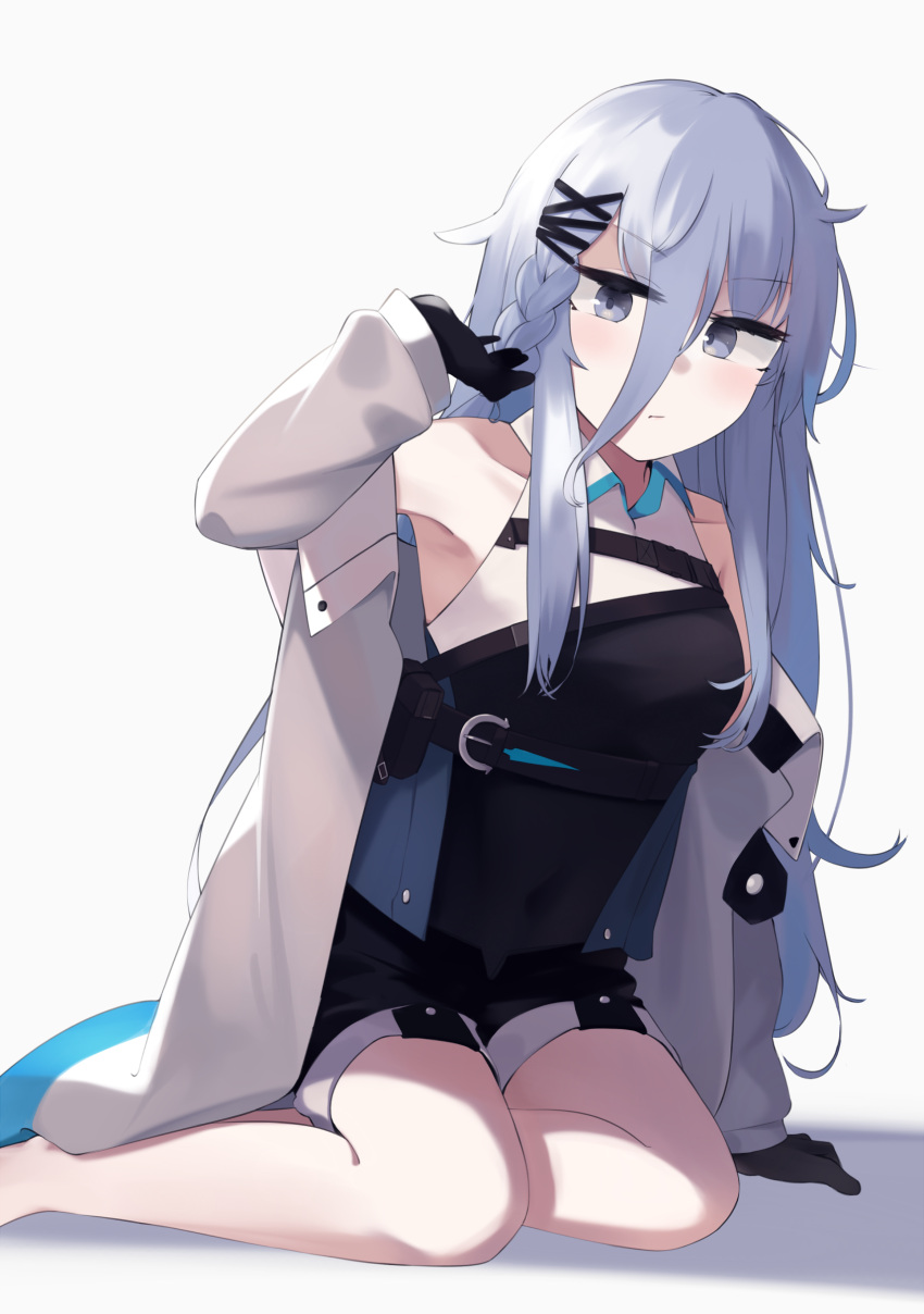 1girl absurdres bangs black_gloves black_shorts braid breasts closed_mouth expressionless eyebrows_visible_through_hair girls_frontline gloves hair_between_eyes hair_ornament hairclip hand_in_hair hand_on_floor highres hinami047 jacket light_blue_eyes light_blue_hair long_hair looking_at_viewer mod3_(girls'_frontline) open_clothes open_jacket seiza shorts sitting solo white_background white_jacket xm8_(girls'_frontline)