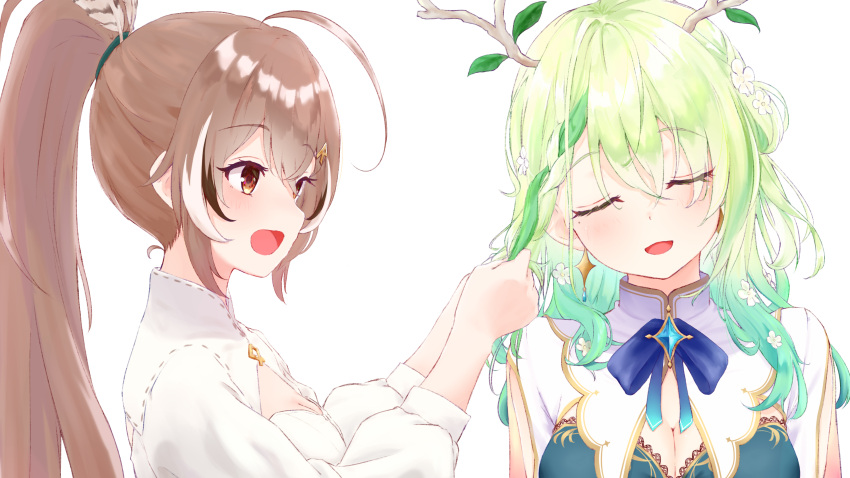 2girls :d absurdres ahoge antlers braid branch brooch brown_eyes brown_hair ceres_fauna cleavage_cutout closed_eyes clothing_cutout dress earrings feather_hair_ornament feathers flower green_eyes hair_flower hair_ornament highres hoka_kusunoki hololive hololive_english jewelry long_hair multicolored_hair multiple_girls nanashi_mumei ponytail ribbon shirt smile streaked_hair virtual_youtuber white_shirt