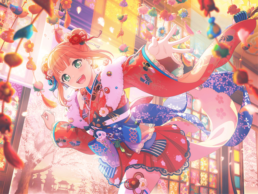 1girl bang_dream! cherry_blossoms flower_hair_ornament green_eyes hair_flower japanese_architecture japanese_clothes kimono looking_at_viewer new_year official_art open_mouth ornament petals pink_hair short_hair smile solo sunlight uehara_himari