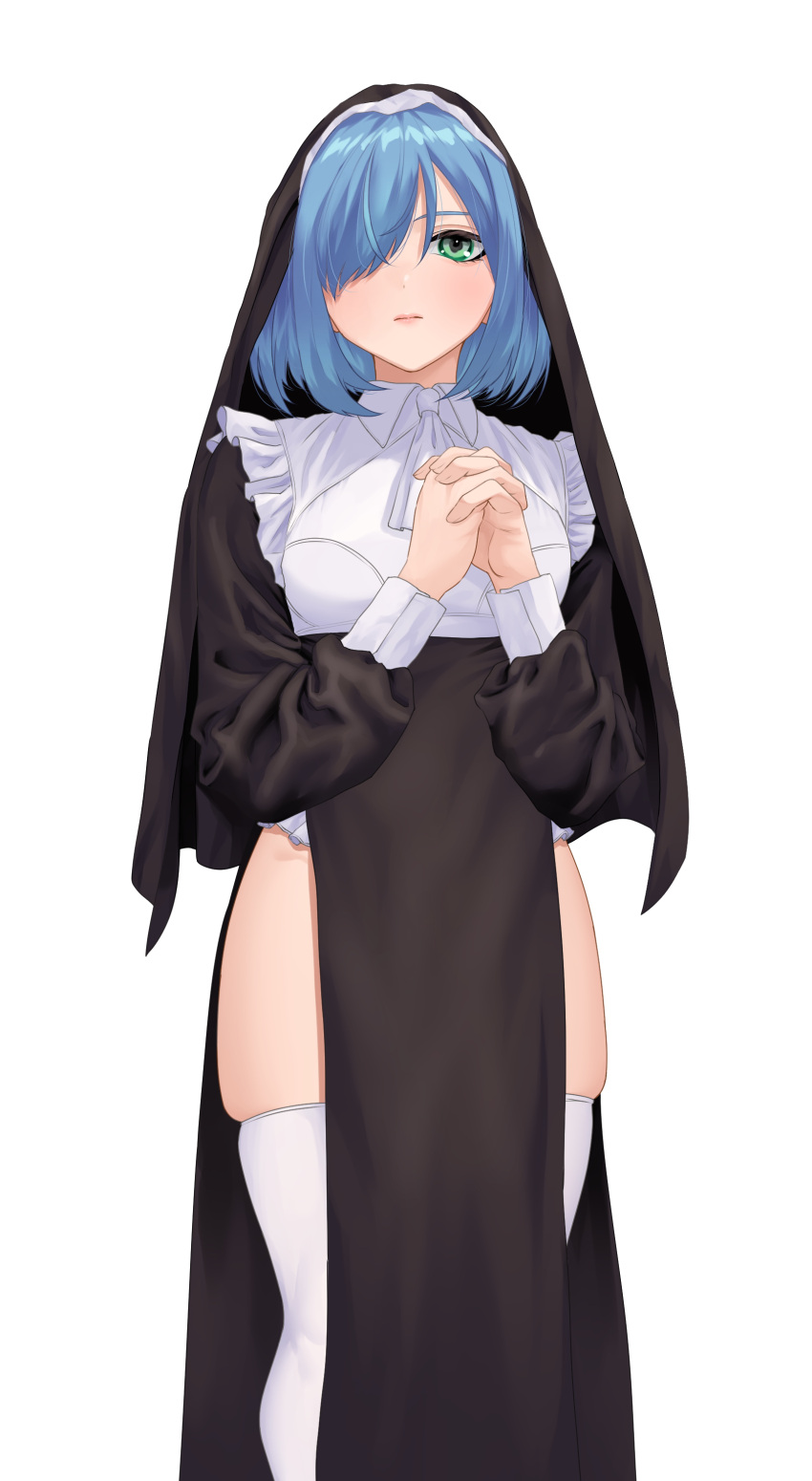 1girl absurdres amane_a_(007_uiro) blue_hair breasts green_eyes hair_over_one_eye highres looking_at_viewer medium_hair nun original own_hands_together simple_background skindentation solo thigh-highs veil white_background white_legwear