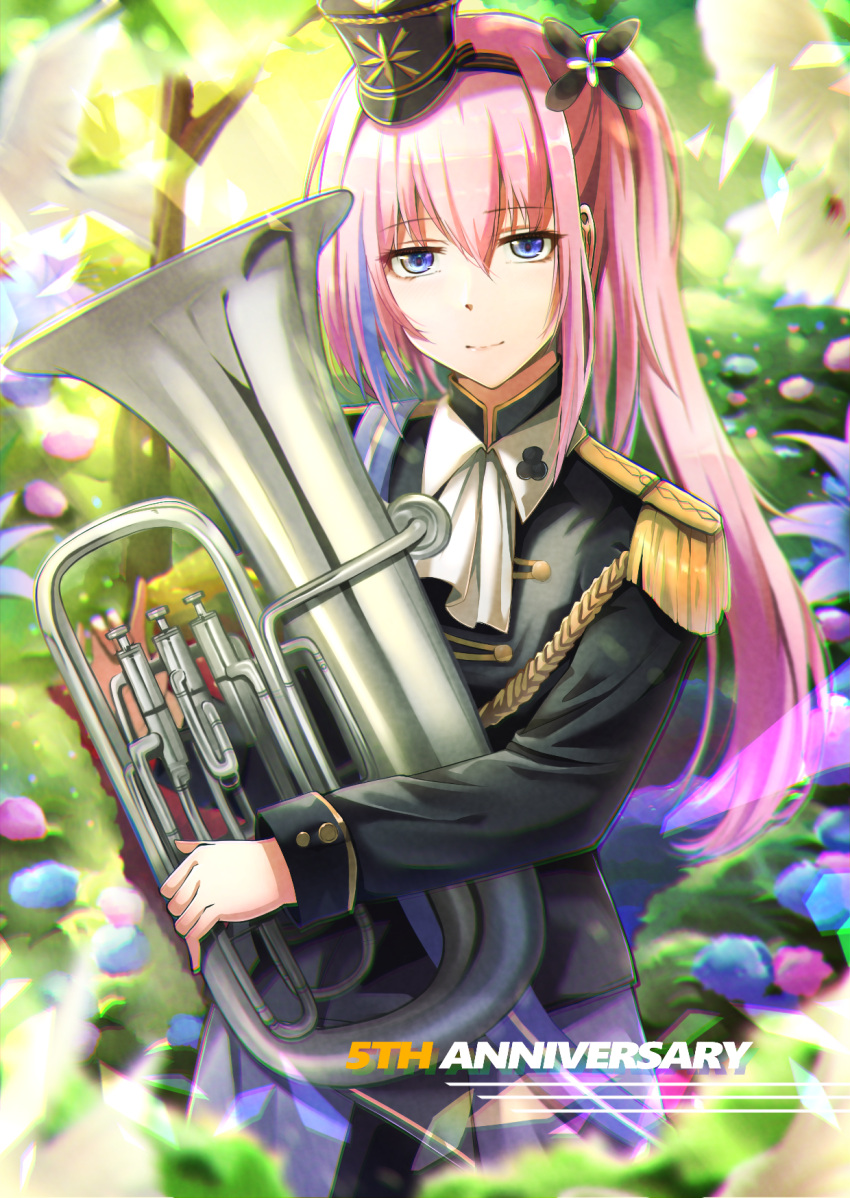 1girl bangs black_headwear blue_eyes closed_mouth euphonium eyebrows_visible_through_hair feet_out_of_frame floral_background flower girls_frontline hair_flower hair_ornament hairband hat highres holding holding_instrument instrument long_hair looking_at_viewer marching_band mini_hat pink_hair smile solo st_ar-15_(breeze_on_a_spring_day)_(girls'_frontline) st_ar-15_(girls'_frontline) standing xlscaler