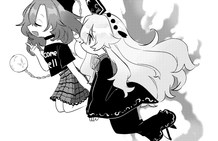 2girls ayahi_4 bangs bare_shoulders belt bow bowtie breasts chain chinese_clothes choker closed_eyes closed_mouth clothes_writing commentary_request crescent dress energy eyebrows_visible_through_hair eyes_visible_through_hair flying greyscale hair_between_eyes hand_up hat hecatia_lapislazuli highres junko_(touhou) long_hair long_sleeves looking_to_the_side medium_breasts medium_hair monochrome moon_(ornament) multiple_girls off-shoulder_shirt off_shoulder open_mouth phoenix_crown plaid plaid_skirt pointing polos_crown pom_pom_(clothes) shirt shoes simple_background skirt smile t-shirt tabard touhou white_background wide_sleeves