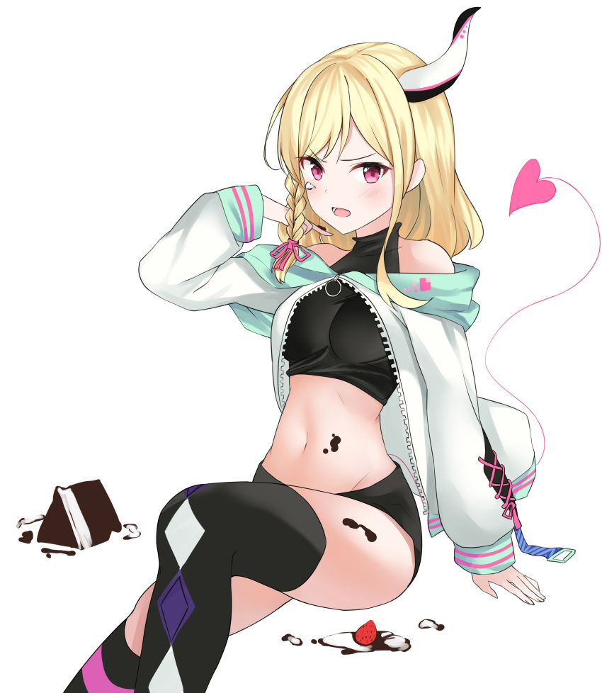 1girl absurdres arm_up bare_shoulders black_legwear black_shirt black_shorts blonde_hair braid breasts celite check_copyright commission copyright_request crop_top demon_tail frown highres horns jacket long_hair long_sleeves looking_at_viewer medium_breasts micro_shorts midriff navel off-shoulder_jacket off_shoulder open_clothes open_jacket open_mouth original red_eyes revealing_clothes shirt shorts single_horn sleeveless sleeveless_shirt solo stomach tail thigh-highs thighs v-shaped_eyebrows white_jacket zipper