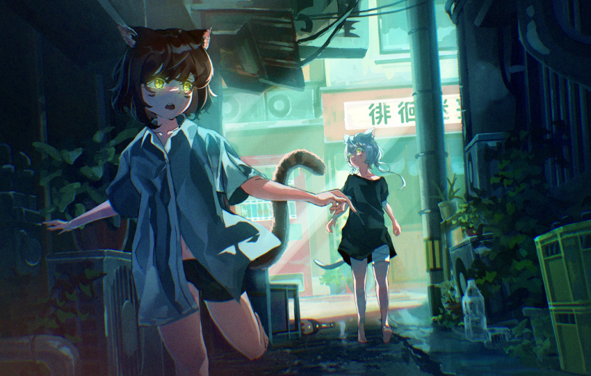 2girls absurdres air_conditioner alley animal_ear_fluff animal_ears bandaged_leg bandages bangs barefoot black_shorts blue_shirt bottle brown_hair cat_ears cat_girl cat_tail collarbone day facial_mark glowing glowing_eyes green_eyes green_shirt highres luc_(user_xzsx2472) multiple_girls open_mouth original outdoors oversized_clothes oversized_shirt plant road running scenery shiny shiny_hair shirt short_hair short_shorts shorts soles street tail tail_raised teeth twintails upper_teeth walking whisker_markings white_hair