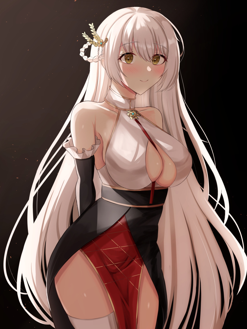 1girl absurdres arms_behind_back azur_lane bare_shoulders black_background black_gloves center_opening china_dress chinese_clothes cleavage_cutout clothing_cutout dress elbow_gloves eyebrows_visible_through_hair flower frilled_gloves frills gloves hermione_(azur_lane) hermione_(pristine_herbalist)_(azur_lane) highres kuon_(kuon) long_hair looking_at_viewer official_alternate_costume pelvic_curtain red_flower simple_background single_thighhigh solo standing thigh-highs very_long_hair white_hair white_legwear yellow_eyes