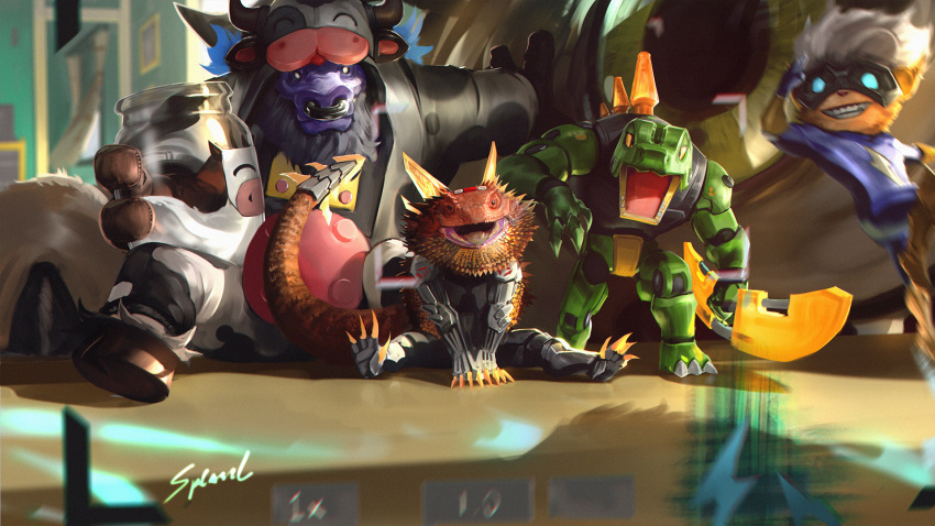 3boys alistar_(league_of_legends) bottle character_request check_character claws creature eye_focus glowing glowing_eyes grin highres holding holding_bottle kennen kog'maw league_of_legends long_hair moo_cow_alistar multiple_boys open_mouth pug'maw renekton renektoy sitting skaarl smile super_kennen teeth wutu_(1183238220)