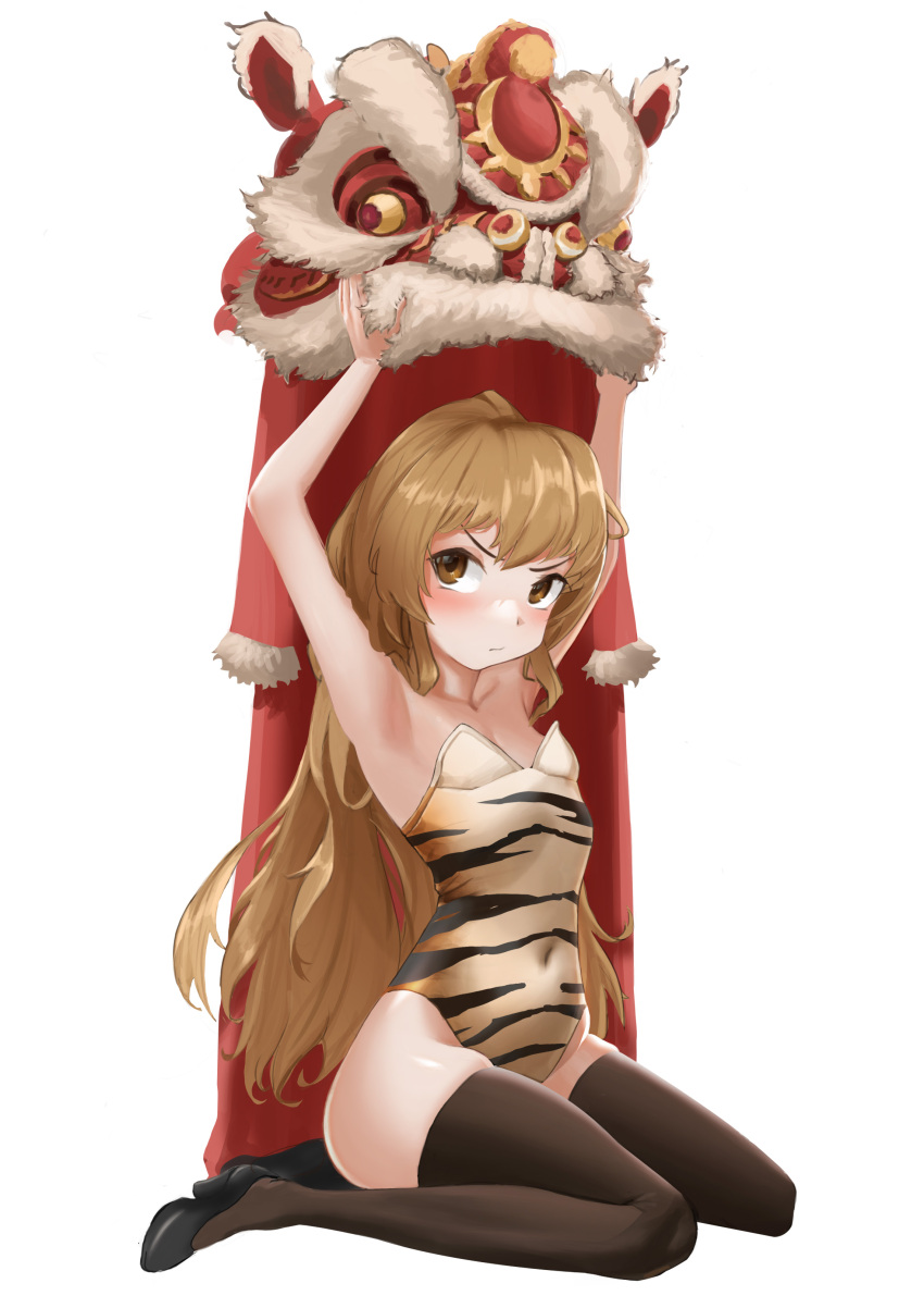 1girl absurdres aisaka_taiga animal_print arms_up artist_request bangs bare_shoulders black_footwear black_legwear blush brown_eyes brown_hair brown_leotard chinese_zodiac closed_mouth commentary full_body highres leotard long_hair looking_to_the_side print_leotard shoes simple_background sitting solo thigh-highs tiger_print toradora! white_background year_of_the_tiger
