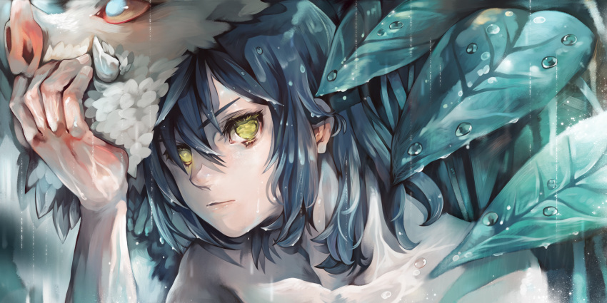 1boy black_hair blurry blurry_background boar boar_mask close-up commentary_request green_eyes hashibira_inosuke highres kimetsu_no_yaiba kvover_(applebloom) leaf looking_at_viewer male_focus mask night outdoors rain solo topless_male water_drop