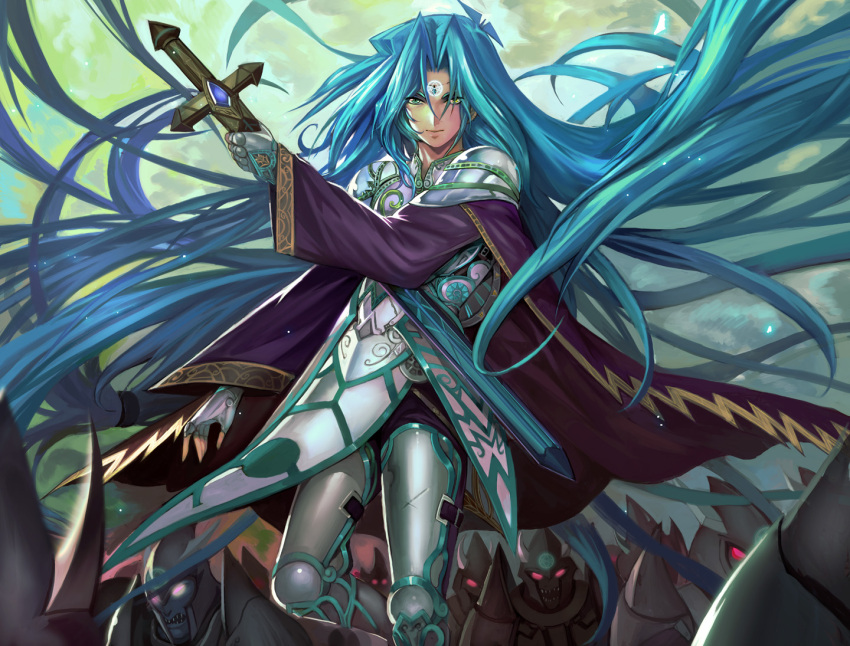 1boy aqua_eyes aqua_hair armor army cape dartz_(yu-gi-oh!) feet_out_of_frame floating_hair heterochromia holding holding_sword holding_weapon jimaoxiaodi long_hair long_sleeves looking_at_viewer orichalcos pauldrons red_eyes shoulder_armor solo sword very_long_hair weapon yellow_eyes yu-gi-oh! yu-gi-oh!_duel_monsters