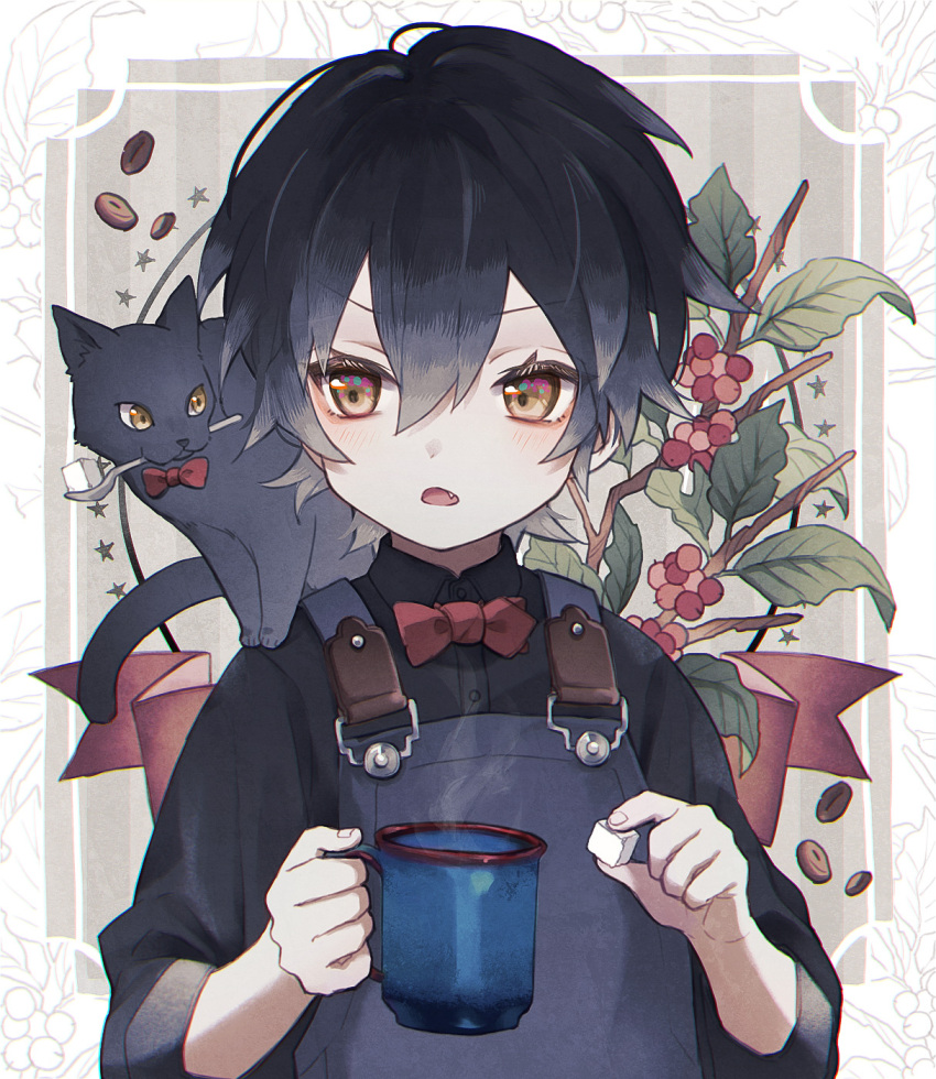 1boy animal black_cat bow bowtie cat child commentary cup english_commentary eyebrows_visible_through_hair hair_between_eyes highres holding holding_cup namiki_itsuki on_shoulder open_mouth original solo_focus sugar_cube suspenders utensil_in_mouth