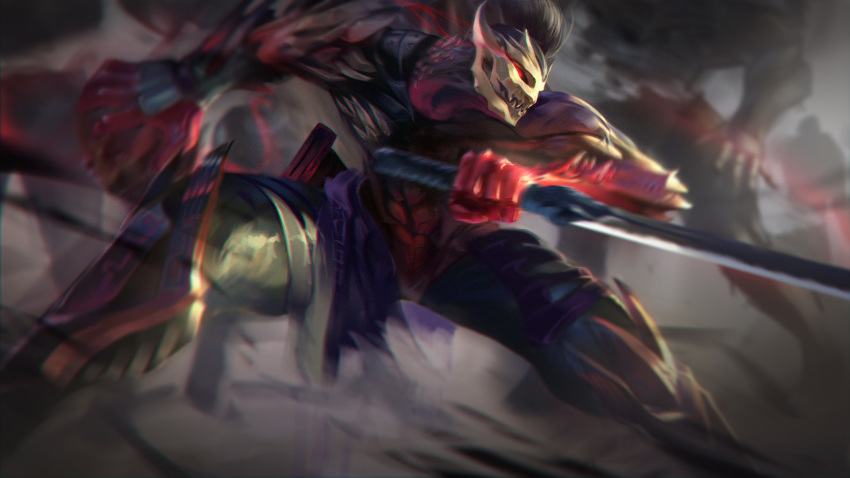 1boy armor bangs black_hair character_request colored_skin feet_out_of_frame glowing glowing_eyes grey_background highres holding holding_sword holding_weapon league_of_legends male_focus mask ponytail red_eyes red_skin solo sword weapon wutu_(1183238220)