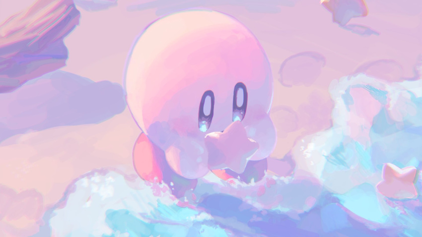 beach blue_eyes close-up footprints highres kirby kirby_(series) looking_at_object pastel_colors rock samitome sand star_(symbol) water