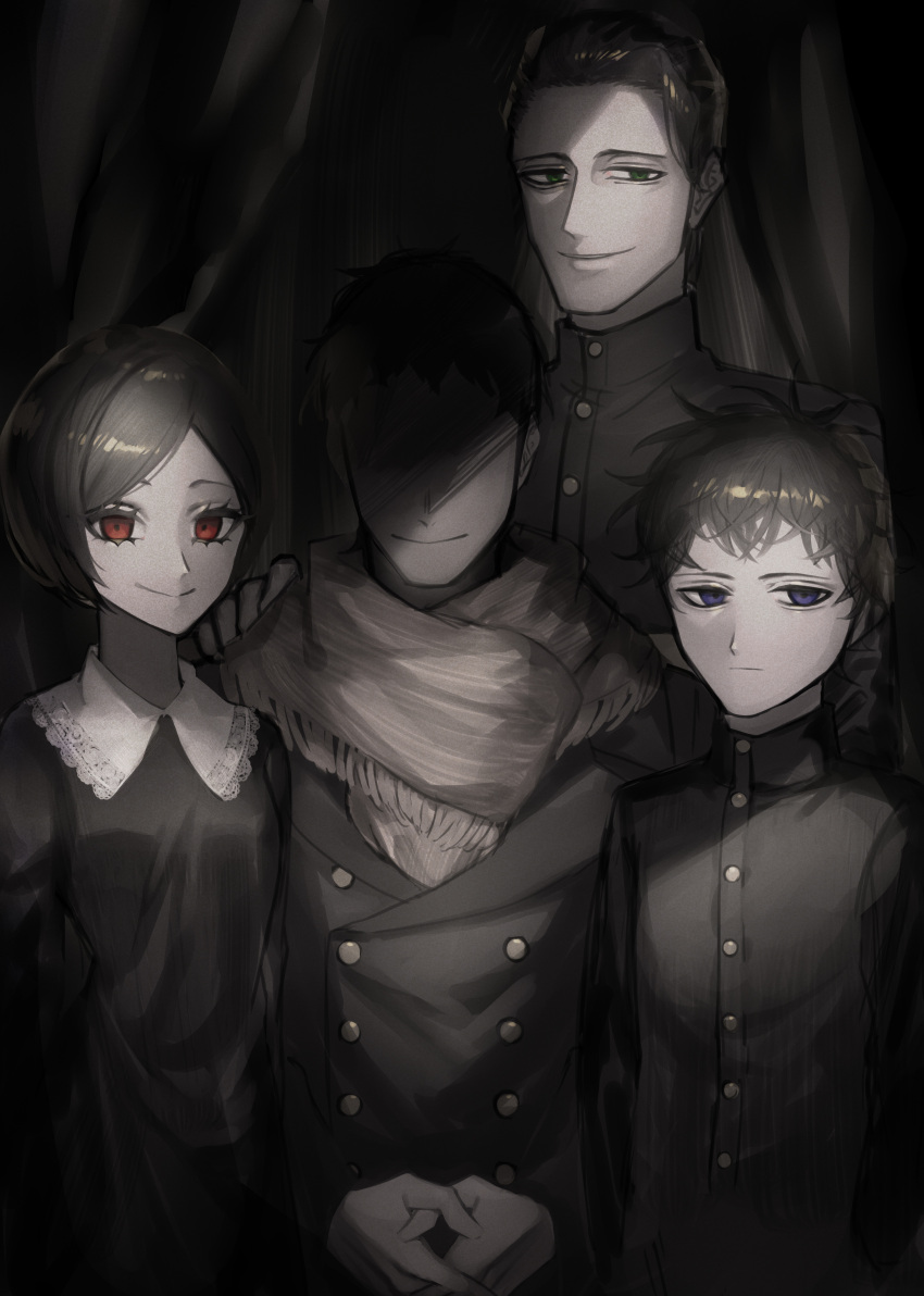 3boys absurdres bangs black_clover black_dress black_hair black_shirt black_theme blue_eyes buttons dante_zogratis dress expressionless faceless faceless_male family family_portrait frit_2 green_eyes hair_behind_ear hair_slicked_back hand_on_another's_shoulder high_collar highres lace-trimmed_collar lace_trim long_bangs long_eyelashes long_sleeves looking_at_viewer messy_hair multiple_boys narrowed_eyes own_hands_clasped own_hands_together parted_bangs red_eyes scarf shadow shirt short_hair siblings single_sidelock smile upper_body vanica_zogratis waistcoat wing_collar younger zenon_zogratis