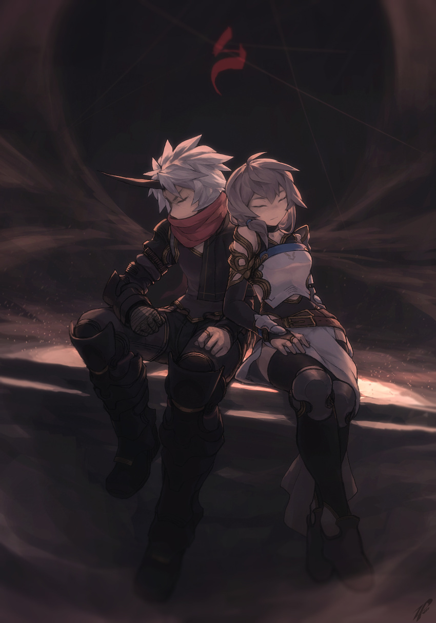 1boy 1girl absurdres armor belt breasts brown_hair closed_eyes closed_mouth full_body gloves hair_between_eyes hair_tie highres horns jewelry leaning_on_person medium_breasts medium_hair original pants red_scarf resting ring scar scar_on_face scarf short_hair signature single_horn sitting sleeping sleeping_upright thigh-highs white_hair zhaoyuan_pan