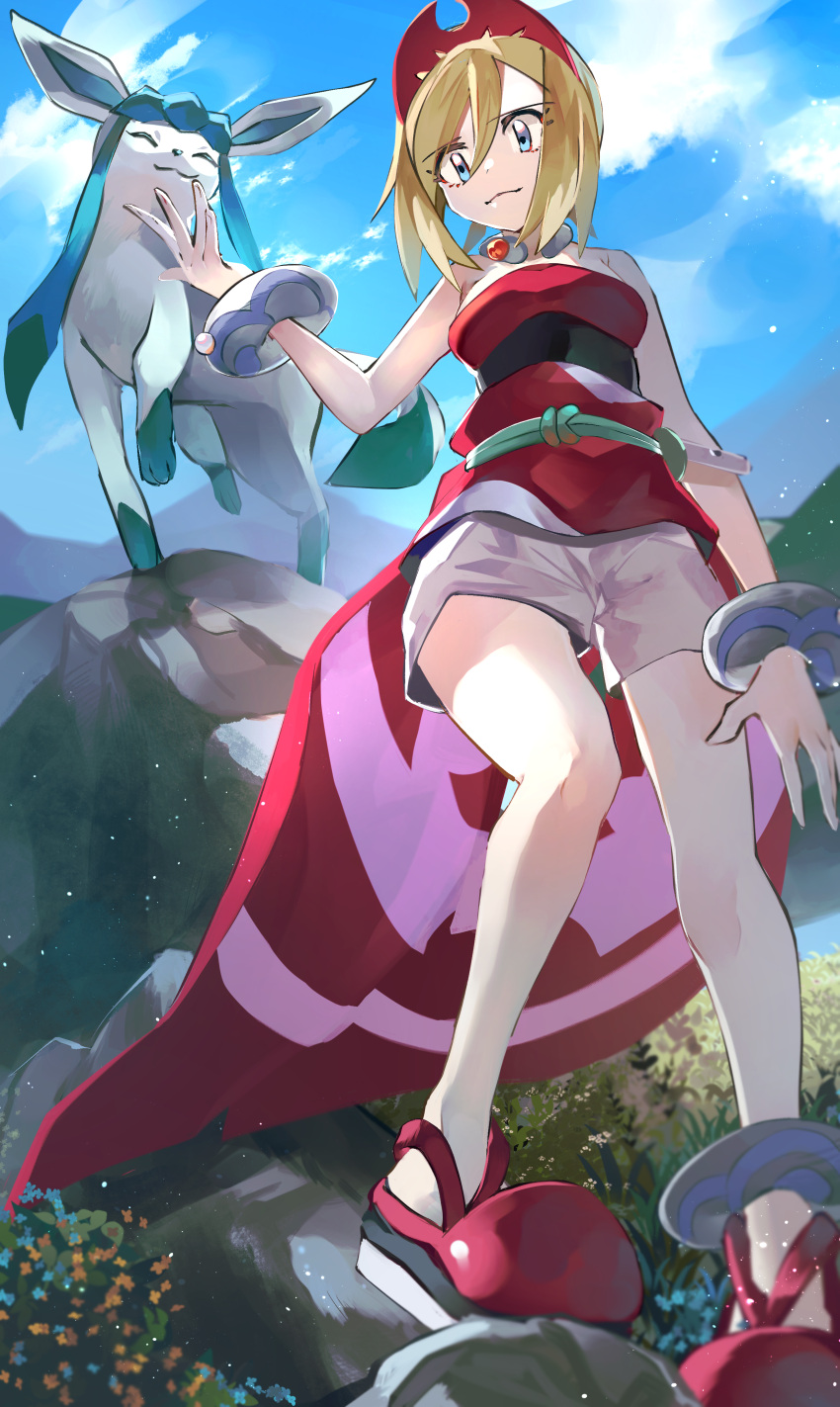 1girl absurdres arm_wrap blonde_hair blue_eyes gingko_guild_uniform glaceon highres irida_(pokemon) kansya knees pokemon pokemon_(creature) pokemon_(game) pokemon_legends:_arceus red_headwear red_shirt shirt short_hair shorts strapless strapless_shirt waist_cape white_shorts