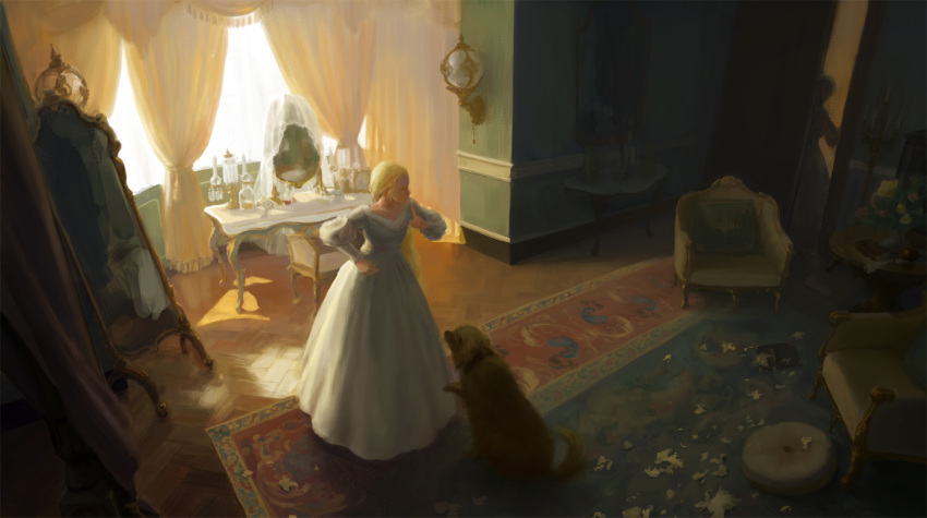 2girls audrey_hall beikejiedeaimili blonde_hair blue_dress book carpet chair chinese_commentary commentary_request dress finger_to_mouth flask flower golden_retriever highres indoors lamp long_sleeves looking_to_the_side lord_of_the_mysteries mirror multiple_girls papers reflection seat sunlight susie_(lord_of_the_mysteries) tablecloth vase wall window