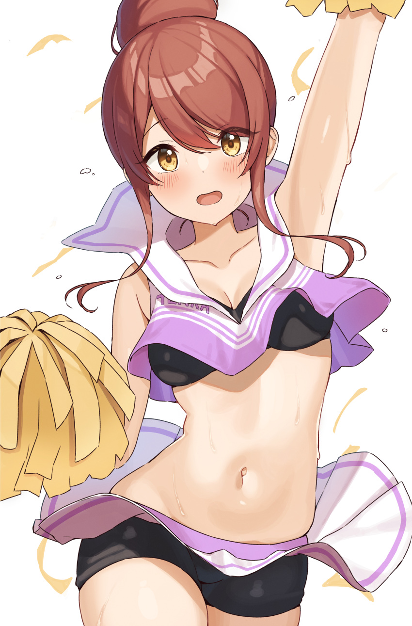 1girl absurdres alternate_hairstyle arm_up armpits bangs blush brown_hair cheering cheerleader clothes_writing crop_top eyebrows_visible_through_hair highres holding holding_pom_poms idolmaster idolmaster_shiny_colors long_hair midriff navel oosaki_tenka open_mouth pleated_skirt pom_pom_(cheerleading) ponytail shirt skirt sleeveless sleeveless_shirt smile solo sweat swept_bangs wanimaru yellow_eyes