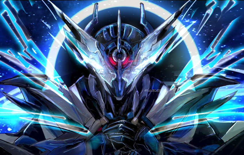 1boy armor black_hole blue_armor cross-z_evol dragon fist_in_hand glowing glowing_eyes highres kamen_rider kamen_rider_build_(series) kamen_rider_cross-z looking_at_viewer male_focus muscle_galaxy_fullbottle ni_celery_pk science_fiction tokusatsu twitter_username upper_body western_dragon white_eyes