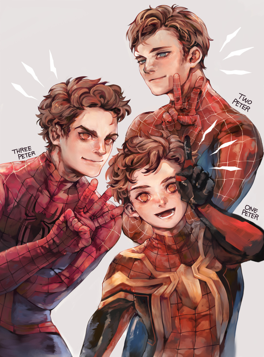 3boys absurdres blue_eyes brown_eyes brown_hair commentary english_commentary highres kvover_(applebloom) leotard looking_at_viewer male_focus marvel marvel_cinematic_universe multiple_boys open_mouth pantyhose peter_parker short_hair simple_background spider-man spider-man:_no_way_home spider-man_(series) superhero teeth v
