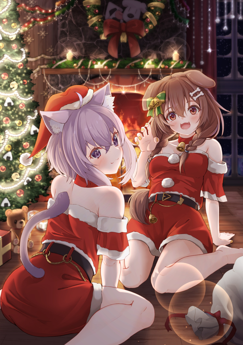 2girls :3 :d absurdres ahoge animal_ear_fluff animal_ears bag bangs bare_shoulders barefoot bell belt between_legs black_belt blush bone_hair_ornament bow brown_hair candle cat_ears cat_tail choker christmas christmas_tree claw_pose collarbone dog_ears dog_tail dress fang fingernails fire fireplace from_behind gift green_bow hair_bell hair_between_eyes hair_bow hair_ornament hair_over_shoulder hand_between_legs hat highres hololive indoors inugami_korone long_hair looking_at_viewer looking_back multiple_girls neck_bell nekomata_okayu night nyoon off-shoulder_dress off_shoulder on_floor purple_hair red_choker red_dress red_eyes red_headwear santa_costume santa_dress santa_hat scenery short_dress short_sleeves sitting smile stuffed_animal stuffed_toy tail tail_raised teddy_bear violet_eyes virtual_youtuber wariza window wooden_floor