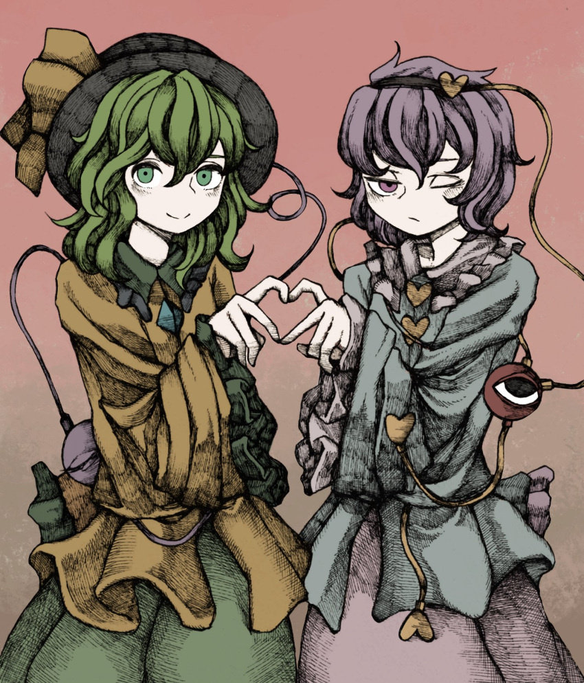2girls :/ arm_at_side awk_chan black_eyes black_hairband black_headwear blouse blue_blouse blush buttons closed_mouth commentary cowboy_shot diamond_button eyebrows_behind_hair frilled_shirt_collar frilled_sleeves frills green_eyes green_hair green_skirt hair_between_eyes hair_ornament hairband hand_up hat hat_ribbon hatching_(texture) heart heart_button heart_hair_ornament heart_hands heart_hands_duo highres komeiji_koishi komeiji_satori linear_hatching long_sleeves looking_at_viewer medium_hair multiple_girls one_eye_closed pink_skirt purple_hair red_background ribbon short_hair siblings simple_background sisters skirt smile third_eye touhou violet_eyes wide_sleeves yellow_blouse yellow_ribbon