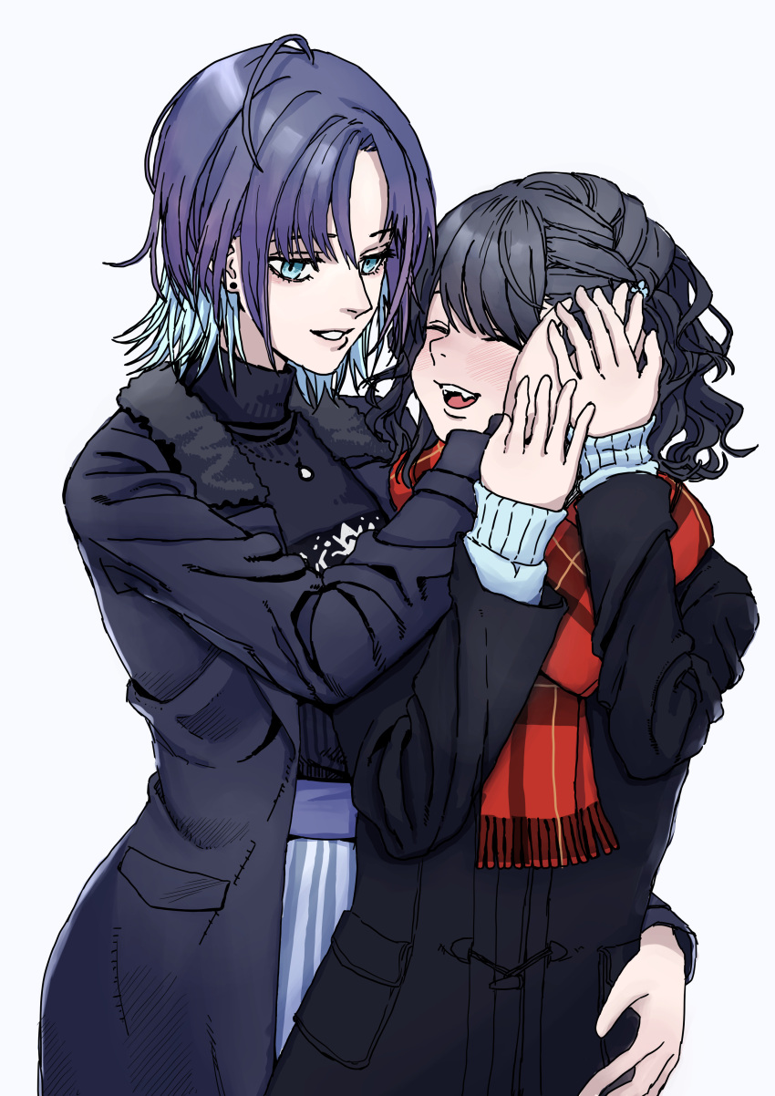 2girls absurdres ahoge artist_request asakura_tooru black_coat black_hair black_sweater blue_eyes blue_hair blush closed_eyes coat commentary_request earrings flower fukumaru_koito hair_flower hair_ornament hand_on_another's_cheek hand_on_another's_face hand_on_another's_hip highres idolmaster idolmaster_shiny_colors jewelry multicolored_hair multiple_girls necklace open_mouth red_scarf scarf short_hair sweater turtleneck turtleneck_sweater twintails two-tone_hair white_background