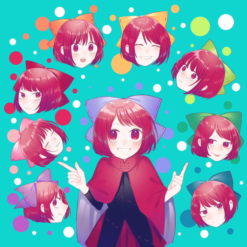 1girl bangs black_shirt blue_bow bow cape cloak closed_eyes crying crying_with_eyes_open disembodied_head floating_head green_bow grin hair_bow highres long_sleeves looking_at_viewer multiple_heads open_mouth orange_bow pink_bow pointing rainbow_order red_cloak red_eyes red_skirt redhead sekibanki shirt short_hair skirt smile tears tongue tongue_out toraneko_2 touhou yellow_bow