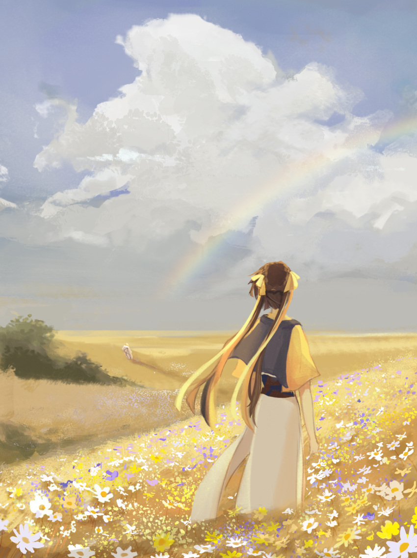 1girl back blue_sky bow brown_hair chinese_clothes clouds cloudy_sky field flower flower_field hair_bow heisedemei highres honkai_(series) honkai_impact_3rd li_sushang long_hair outdoors rainbow scenery short_sleeves sky solo standing twintails white_flower
