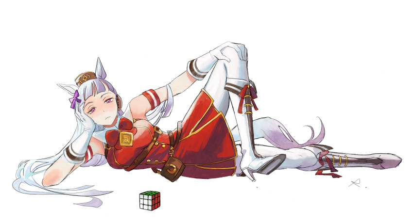 1girl animal_ears bangs bare_shoulders boots bow bowtie brown_headwear closed_mouth full_body gloves gold_ship_(umamusume) hair_bow hand_on_own_cheek hand_on_own_face high_heel_boots high_heels highres horse_ears horse_girl horse_tail long_hair looking_at_viewer looking_back lying on_side pants pantyhose red_bow red_bowtie red_shirt rosette_(roze-ko) rubik's_cube shirt shoe_soles simple_background sleeveless sleeveless_shirt solo tail umamusume white_background white_footwear white_gloves white_pants