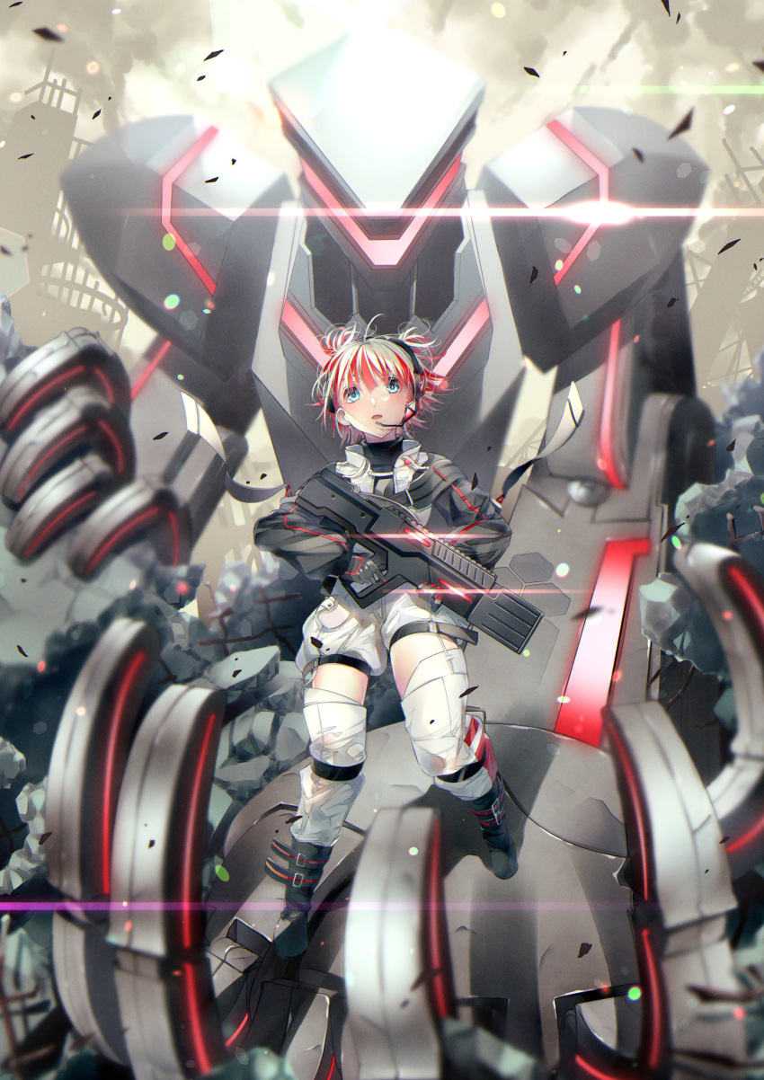 1girl absurdres black_gloves blue_eyes bob_cut boots english_commentary gloves grey_hair gun headset highres idolmaster idolmaster_shiny_colors knee_boots lens_flare looking_at_viewer mecha multicolored_hair puffy_sleeves puni_(punycolors) redhead rifle serizawa_asahi short_hair solo thigh-highs two-tone_hair weapon