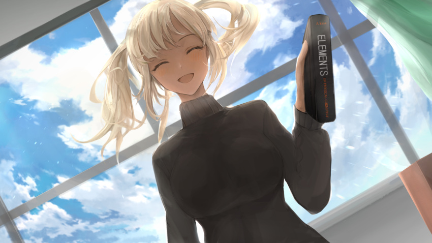 1girl ^_^ ^o^ alternate_costume black_sweater blonde_hair blue_sky blush book breasts chan1moon closed_eyes clouds cloudy_sky commentary curtains dark-skinned_female dark_skin day dutch_angle english_commentary floating_hair holding holding_book hololive hololive_english indoors large_breasts long_sleeves looking_at_viewer medium_hair open_mouth sky smile solo sweater tsukumo_sana turtleneck turtleneck_sweater twintails upper_body virtual_youtuber window