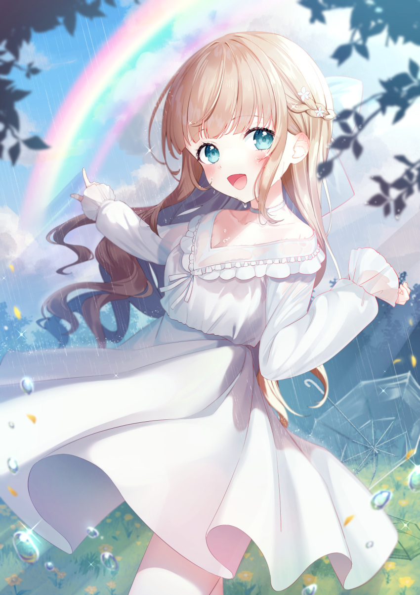 1girl :d bangs bare_shoulders blonde_hair blue_sky braid choker clouds cloudy_sky collarbone commentary_request dress eyebrows_visible_through_hair flower green_eyes hair_flower hair_ornament half_updo highres long_hair long_sleeves looking_at_viewer luna_(mi-chanman) moe2022 original outdoors outstretched_arm pointing puffy_long_sleeves puffy_sleeves rain rainbow sky smile solo transparent transparent_umbrella umbrella very_long_hair white_choker white_dress white_flower