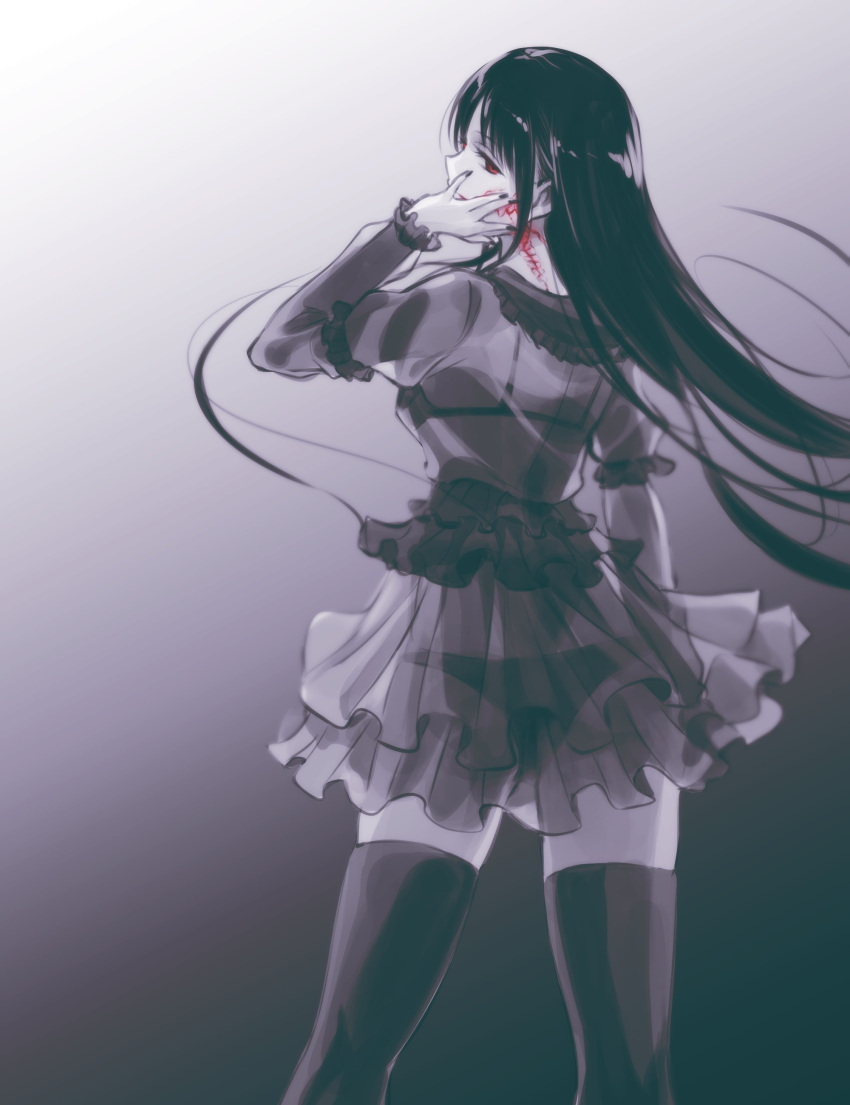 absurdres bra_visible_through_clothes breasts dress frilled_dress frills from_behind highres ishiyumi kuchisake-onna_(ishiyumi) long_hair looking_at_viewer looking_back mechanical_buddy_universe medium_breasts monochrome panties red_eyes thigh-highs underwear very_long_hair