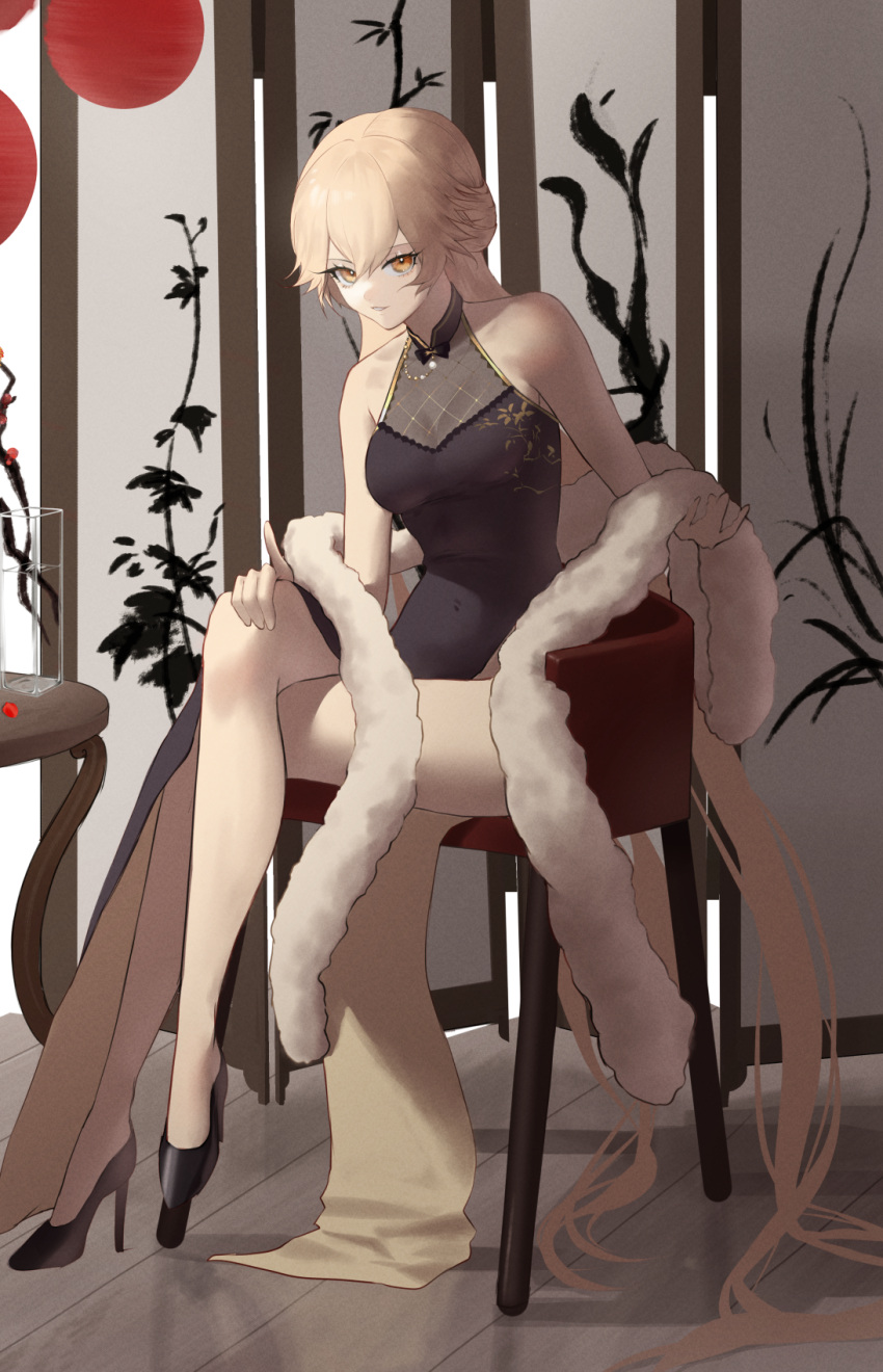 1girl bangs bare_legs bare_shoulders black_dress black_footwear blonde_hair breasts chair china_dress chinese_clothes closed_mouth covered_navel crossed_legs cup dress eyebrows_visible_through_hair floor flower full_body fur girls_frontline hand_on_own_knee high_heels highres legs long_hair looking_at_viewer medium_breasts official_alternate_costume ots-14_(girls'_frontline) ots-14_(sangria_succulent)_(girls'_frontline) petals saturndxy simple_background sitting smirk solo table teacup teapot vase very_long_hair yellow_eyes