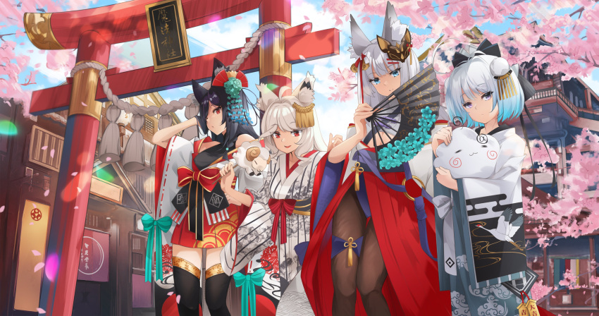 4girls absurdres animal_ears black_hair blue_eyes blue_hair cat_ears cat_girl cherry_blossoms chinese_clothes cloud_horizon colored_tips fox_ears fox_girl grey_eyes highres kamiina_haruhi lily_linglan margaret_(vtuber) multicolored_hair multiple_girls pale_skin red_eyes sheep thigh-highs traditional_clothes translation_request ubye white_hair wolf_ears wolf_girl zelef